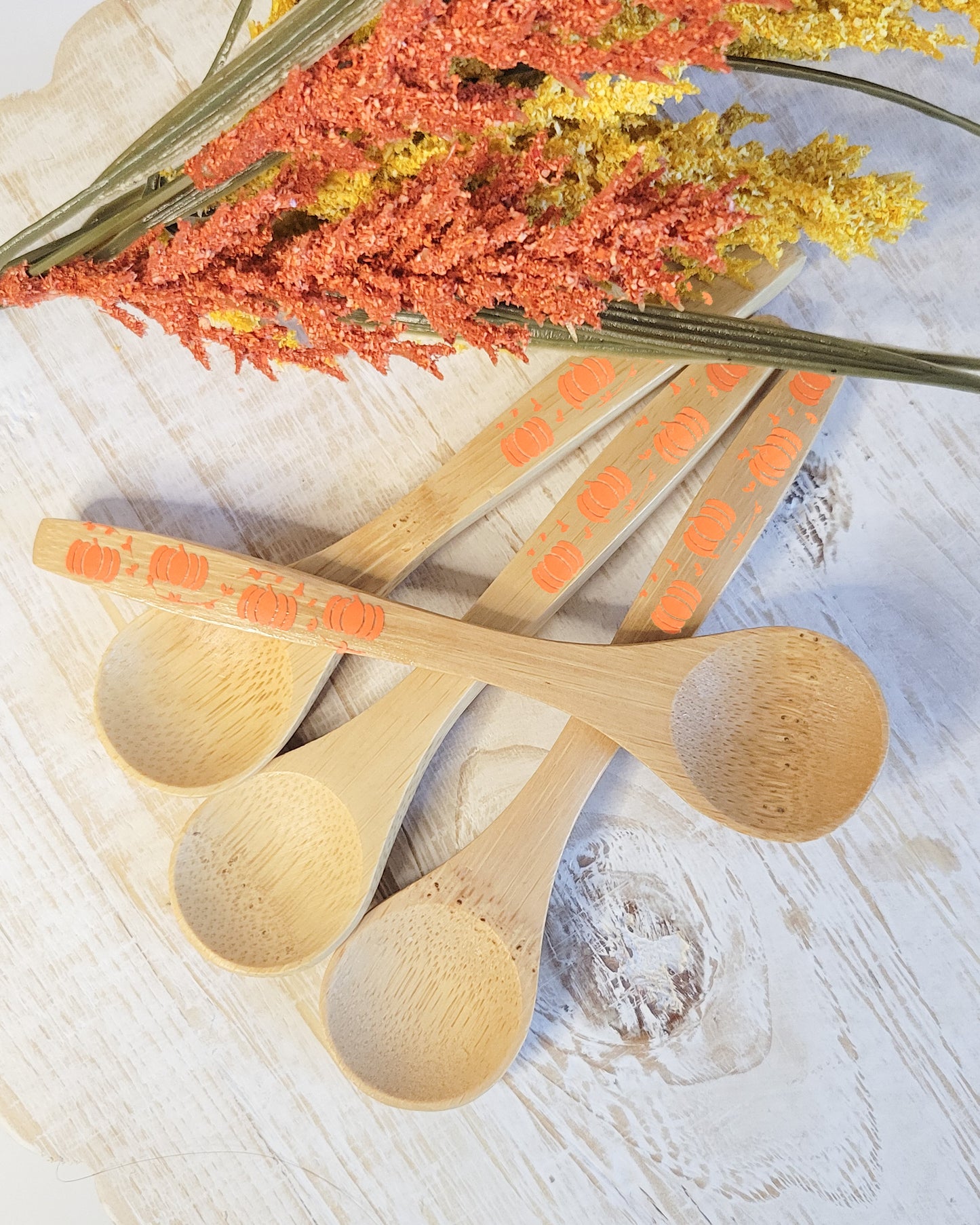 Wooden Bamboo Spoons - pumpkin design (orange)