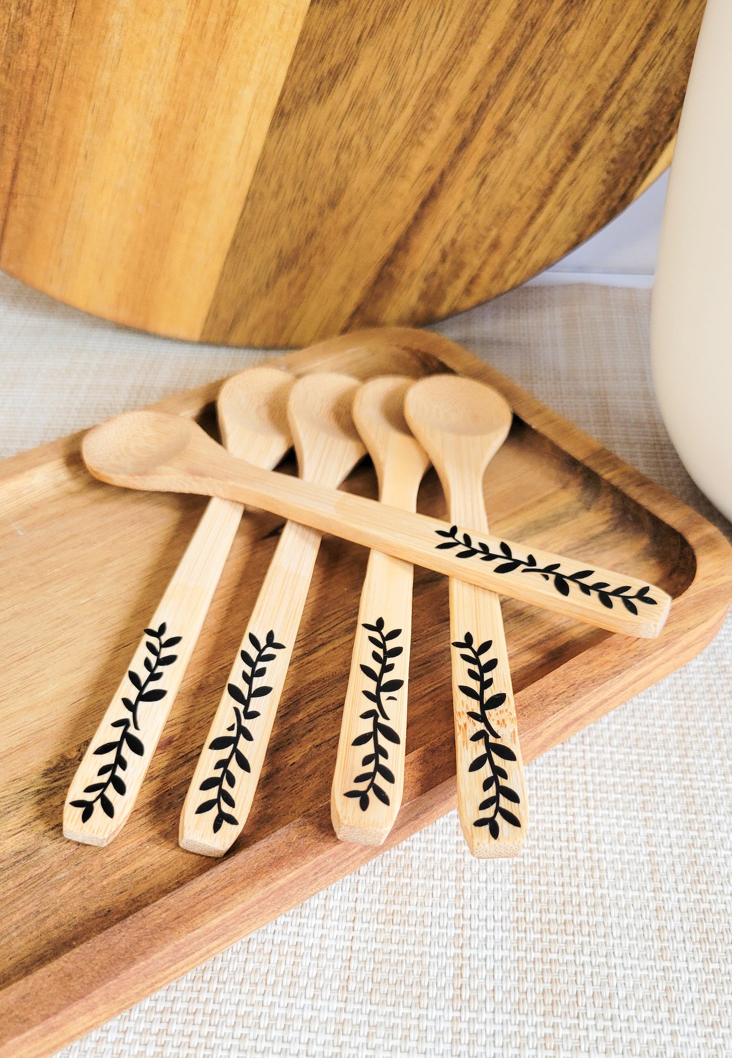 Wooden Bamboo Spoons - floral motif