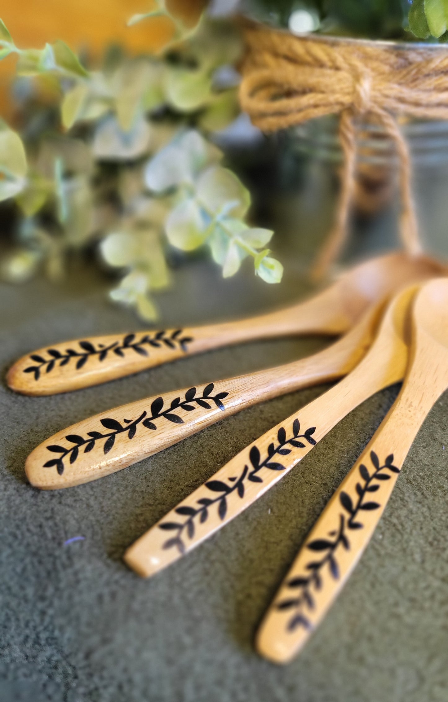 Wooden Bamboo Spoons - floral motif