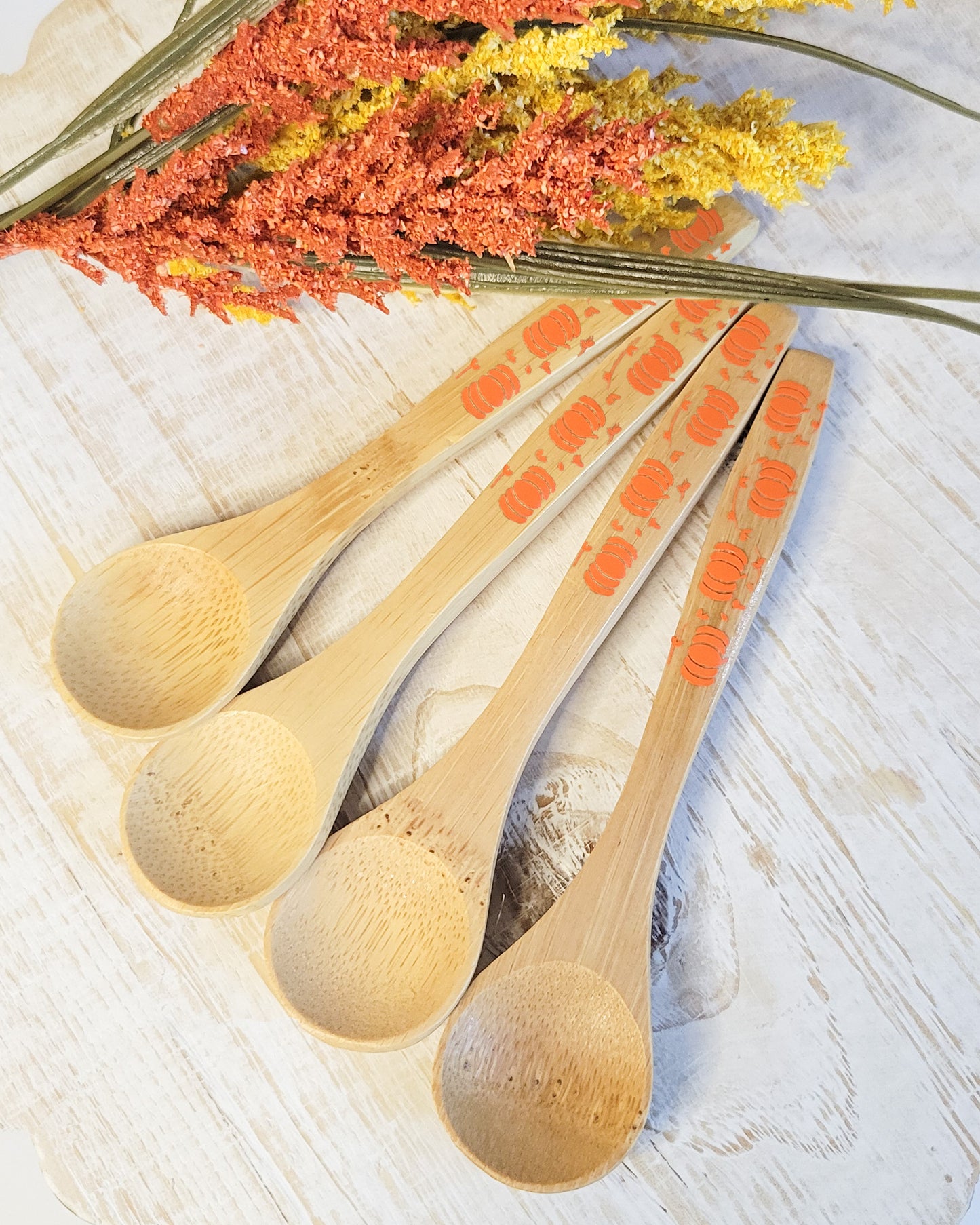 Wooden Bamboo Spoons - pumpkin design (orange)