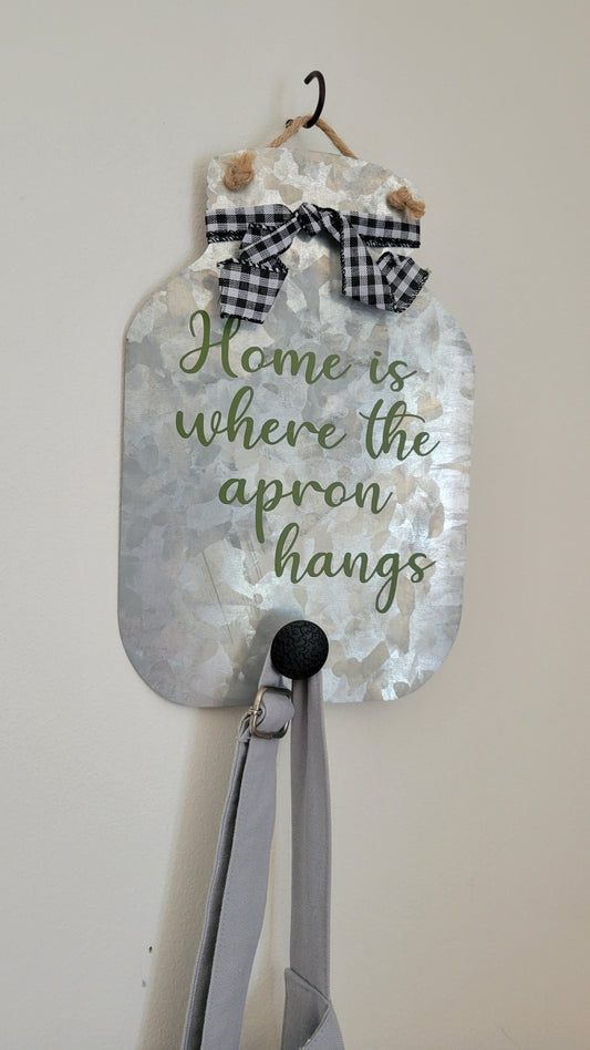 Tin Kitchen Sign Apron Hanger - Black and White Gingham_Green Lettering