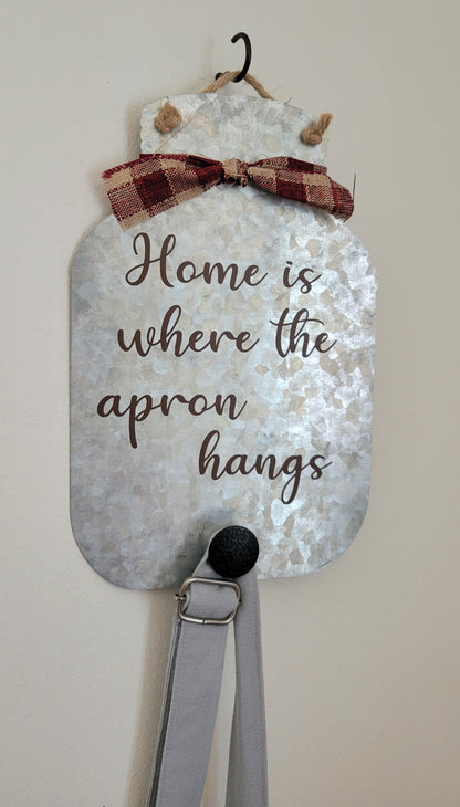 Tin Kitchen Sign Apron Hanger - Burgundy Gingham_Tan Lettering