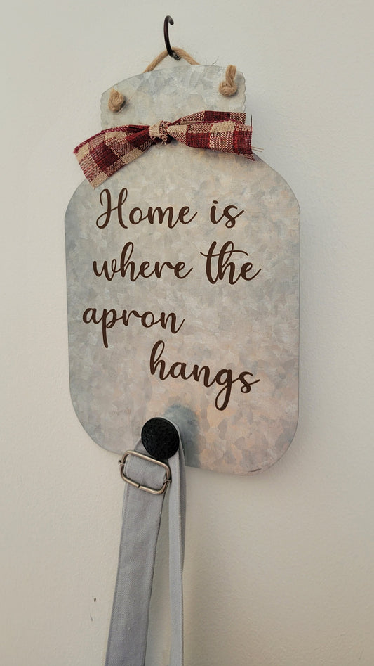 Tin Kitchen Sign Apron Hanger - Burgundy Gingham_Tan Lettering