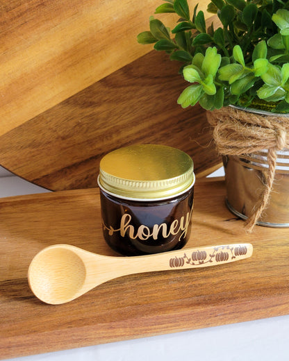 4 oz Amber Honey Jar + Autumn Pumpkin Bamboo Spoon Bundle