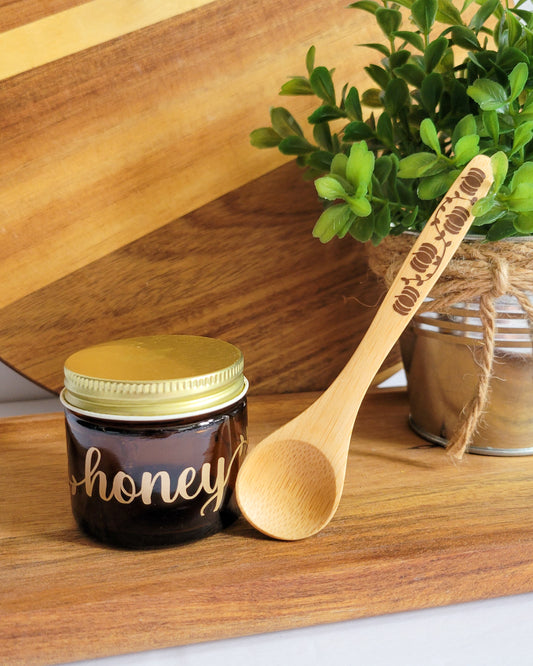 4 oz Amber Honey Jar + Autumn Pumpkin Bamboo Spoon Bundle