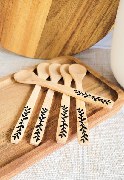 Wooden Bamboo Spoons - floral motif